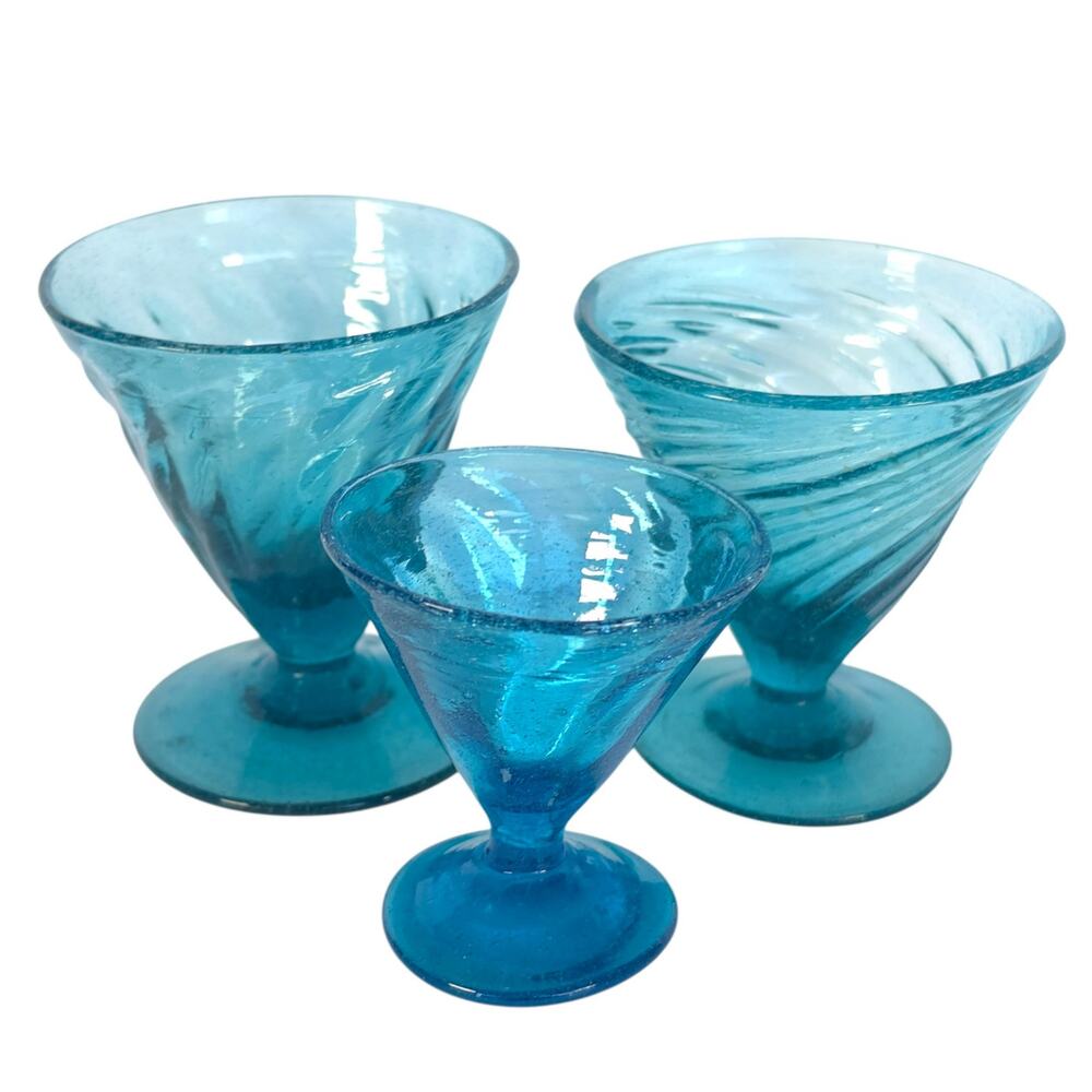 Vintage Aqua Blue Hand Blown Art Glass Spiral Optic Sherbet Cordial Glasses